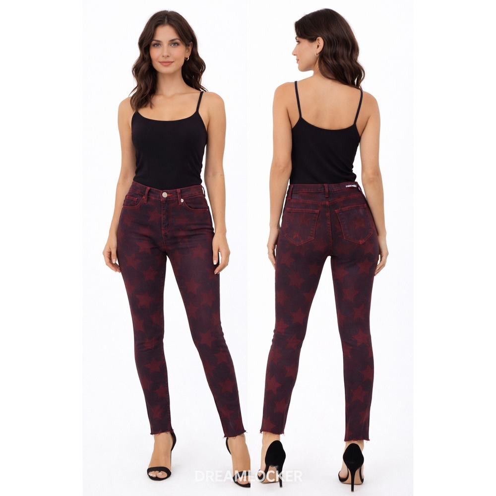 Etienne Marcel‎ Roos Red Black Star Print Skinny Jeans 25 Raw Hem Luxury Denim
